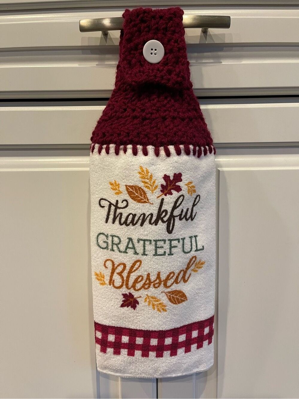 Crochet Top Kitchen Towel-Thankful Grateful Blessed (wine top) 2 available